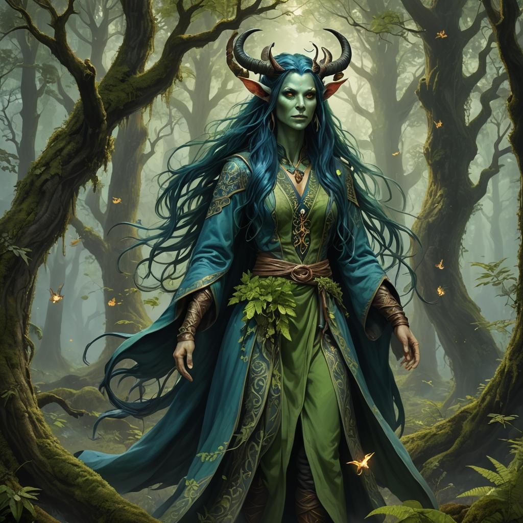 Mystical Tiefling Druid in Misty Forest