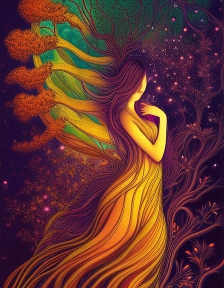 Sunset Selfness: Hybrid Woman in a Botanical Dreamscape