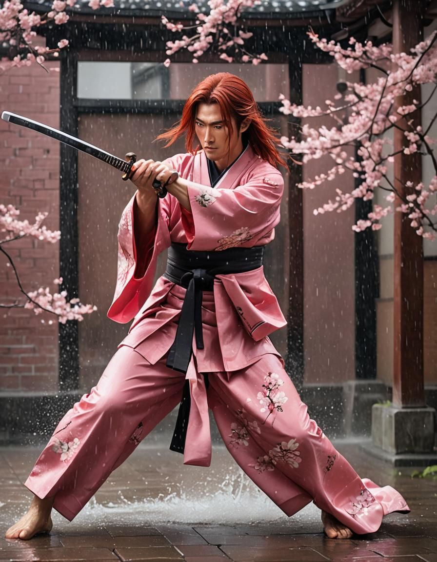 Rainy Alley Samurai Squatting with Girl in Kimono