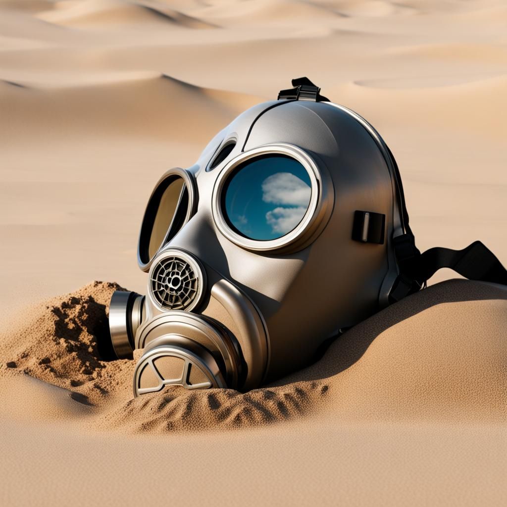 Futuristic gas mask on its side half buried in sand