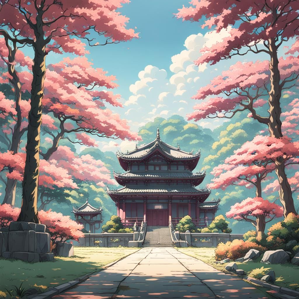 Temple with Pink Trees: Studio Ghibli Anime Visual