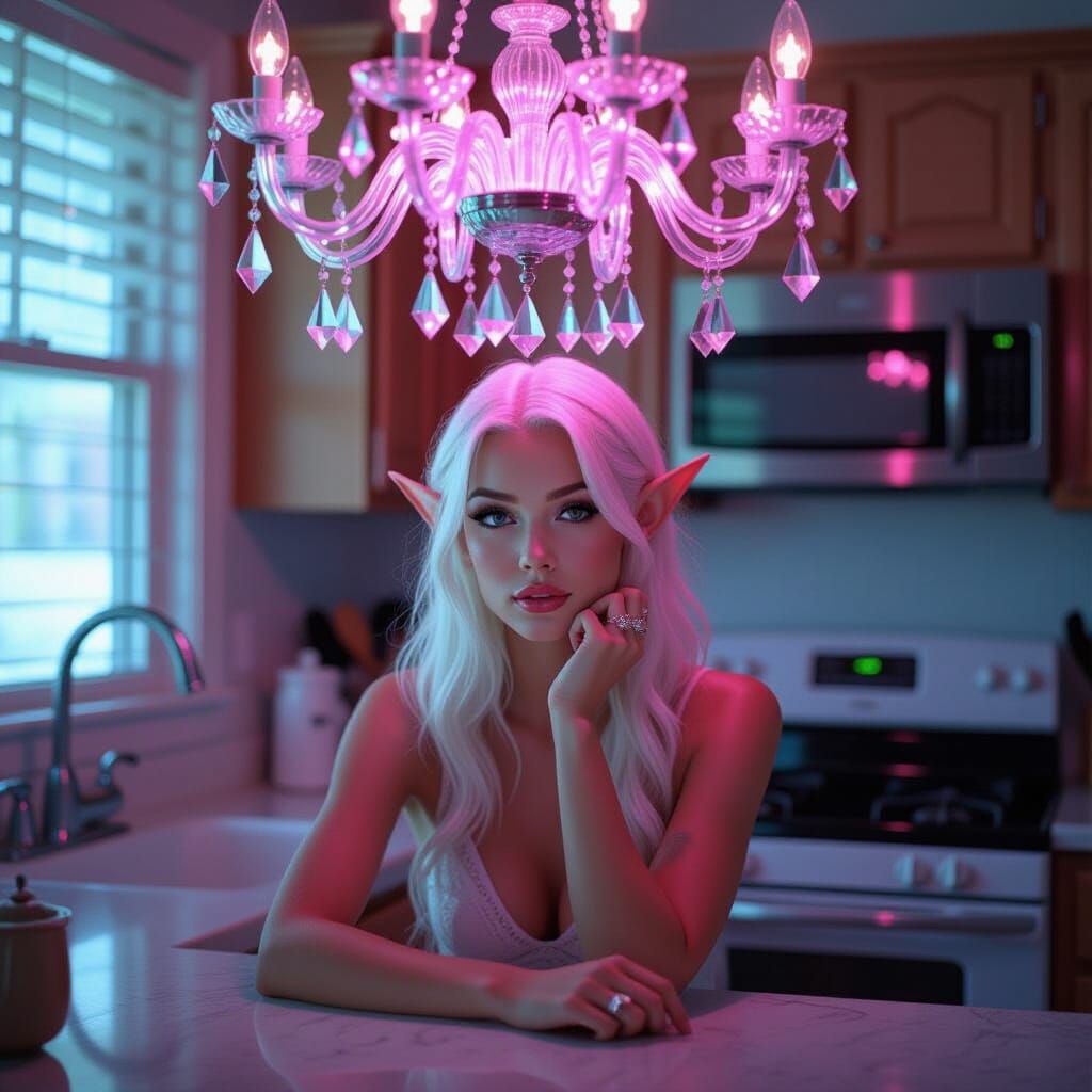 Neon Elf Portrait Under Crystal Chandelier