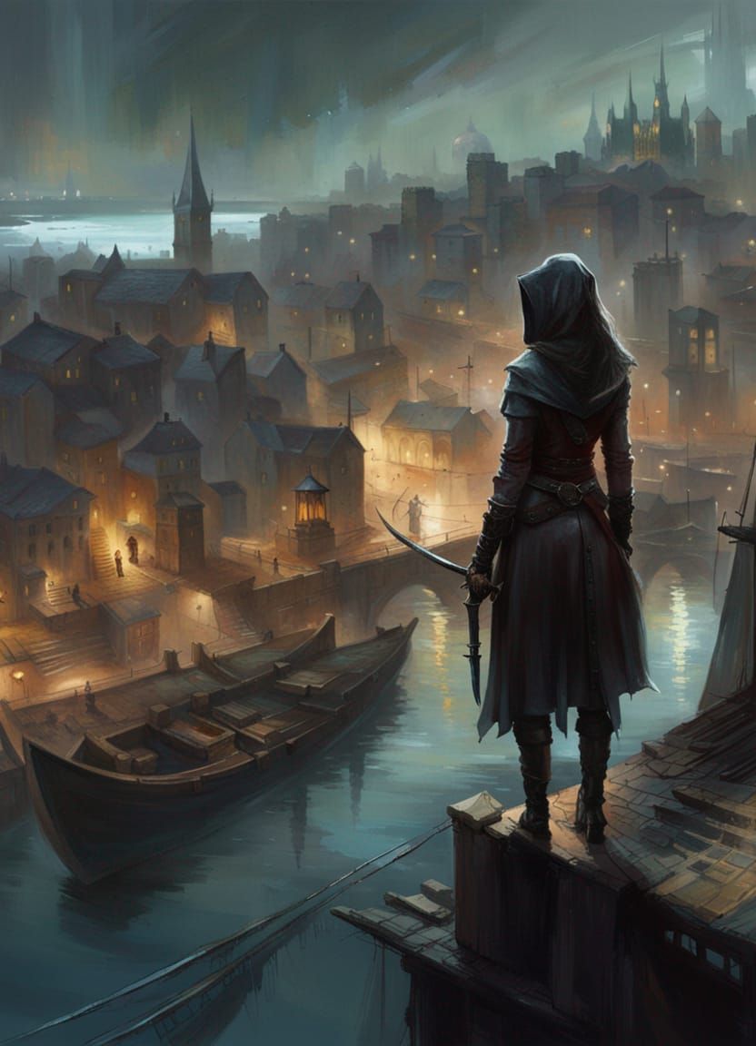 Medieval Assassin Overlooks Port City