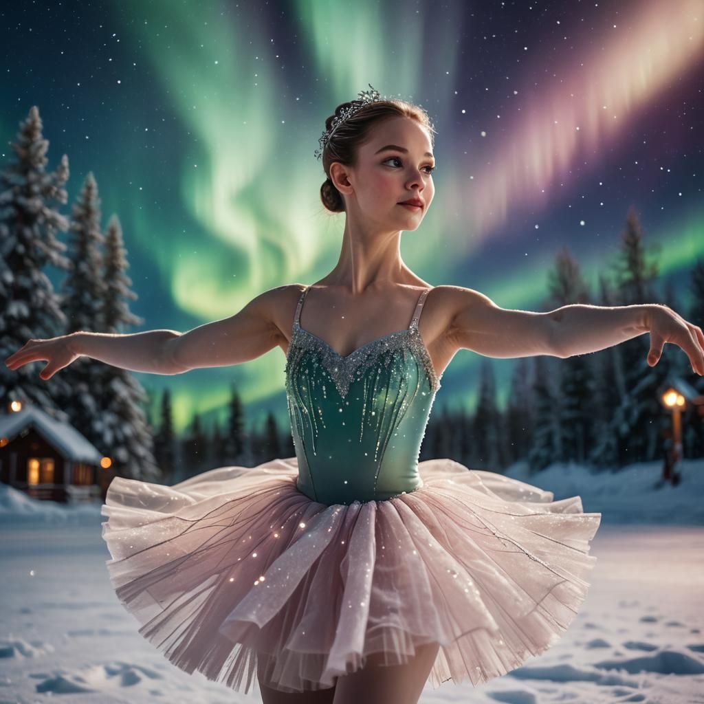 Ballerina Dancing Under Northern Lights Portrait