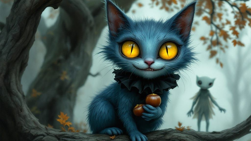 Gothic Cat Creature Holding Chestnuts in Autumn Mist
