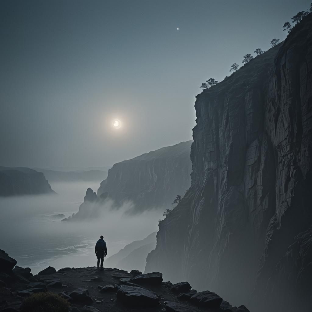 Misty Moonlit Cliff: Cinematic Still with Lone Figure