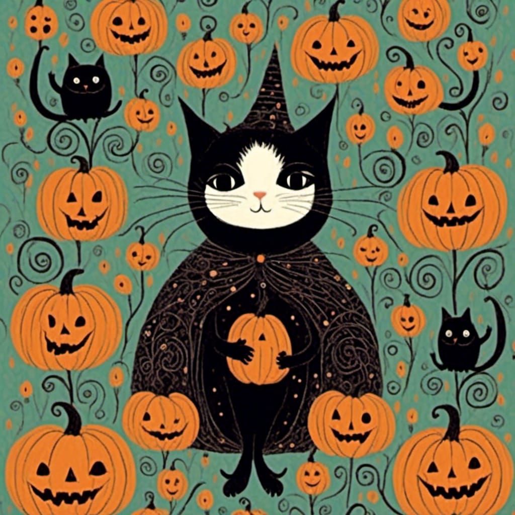 Whimsical Halloween Cat Illustration