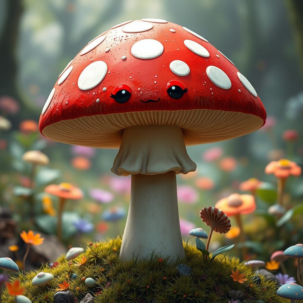 Whimsical Kawaii Mushroom in Vibrant Landscape