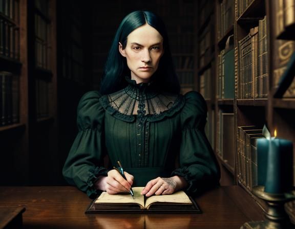 Gothic Woman in Dark Academia Library Setting