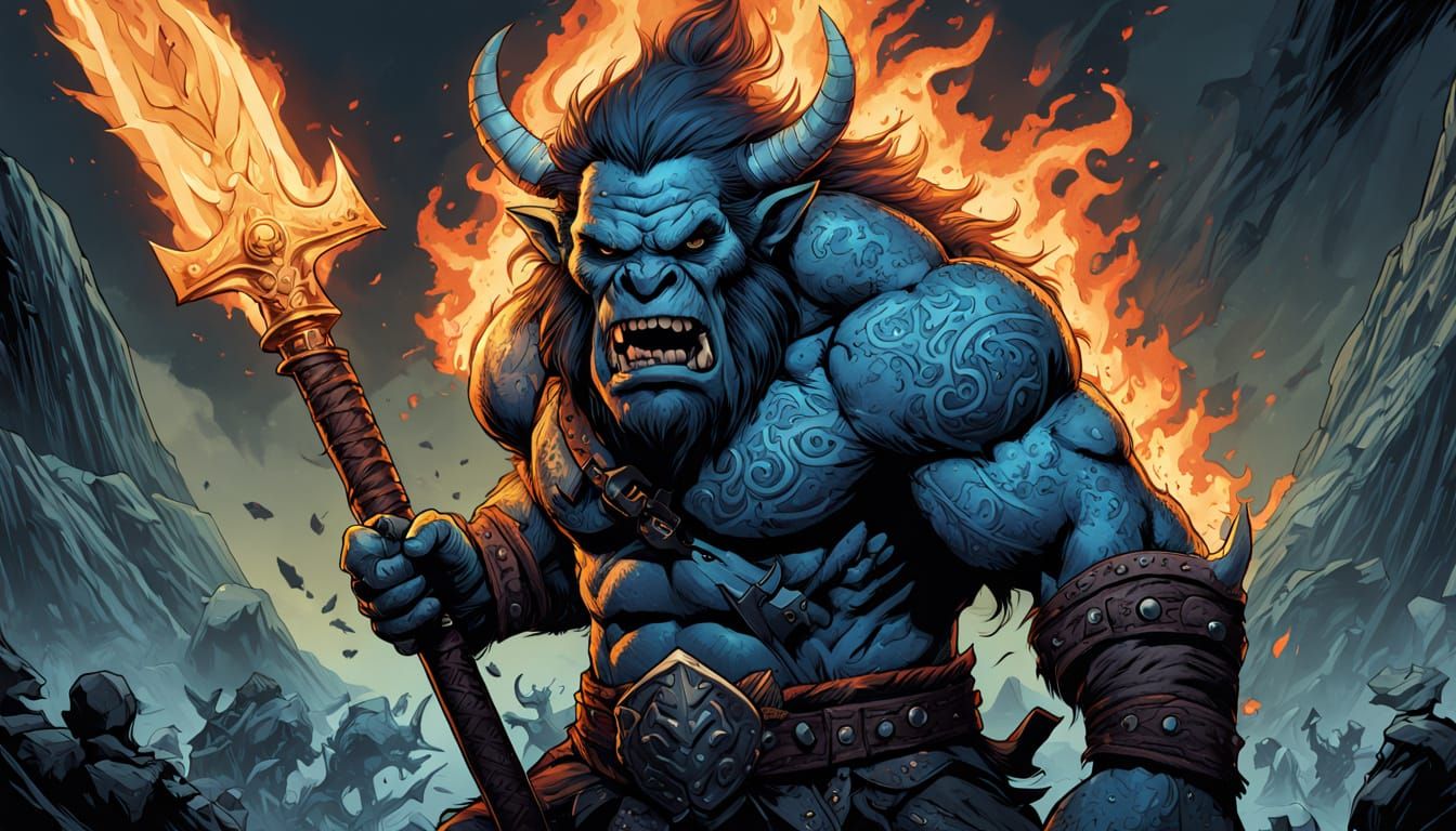 Horned Troll with Flaming Sword in Dark Fantasy Style