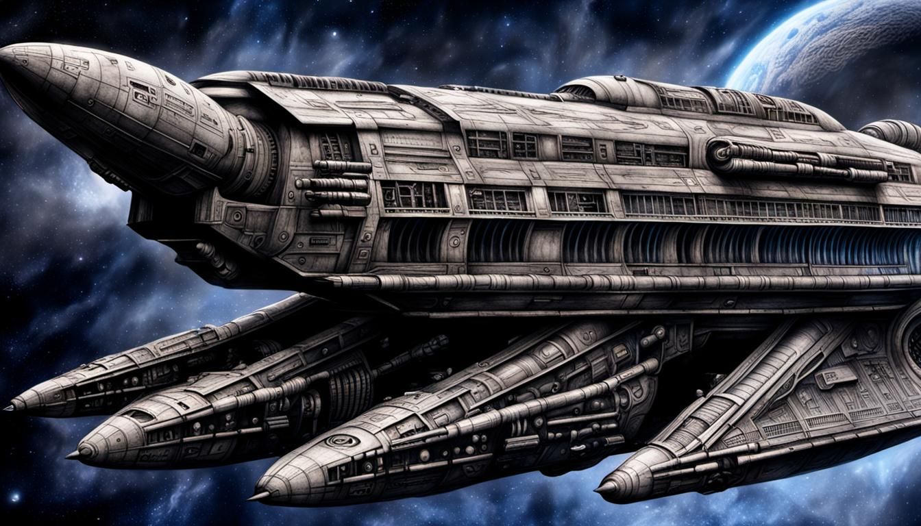 Detailed Spaceship Blueprint in Charcoal Drawing Style