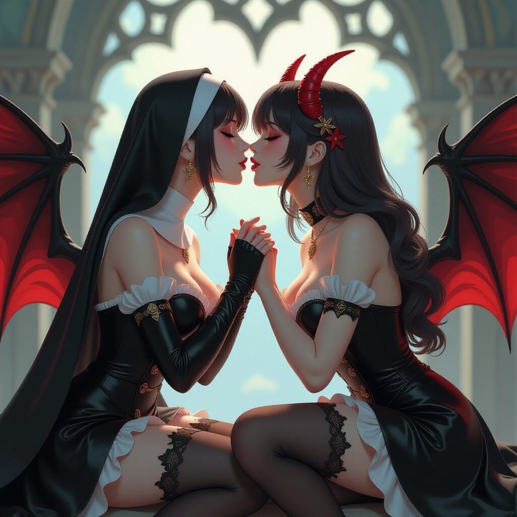 Passionate Kiss: Nun and Demon in Anime Art Style