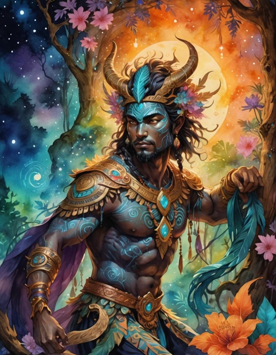 Shimmering Divine Figure in Bioluminescent Forest, Watercolo...