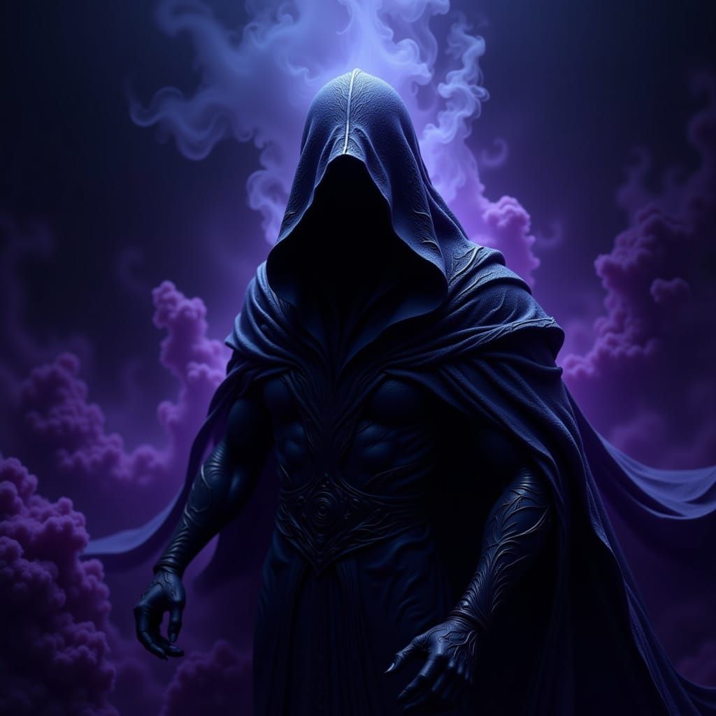 Mystical Hooded Figure in Shadows, Biomechanical Style