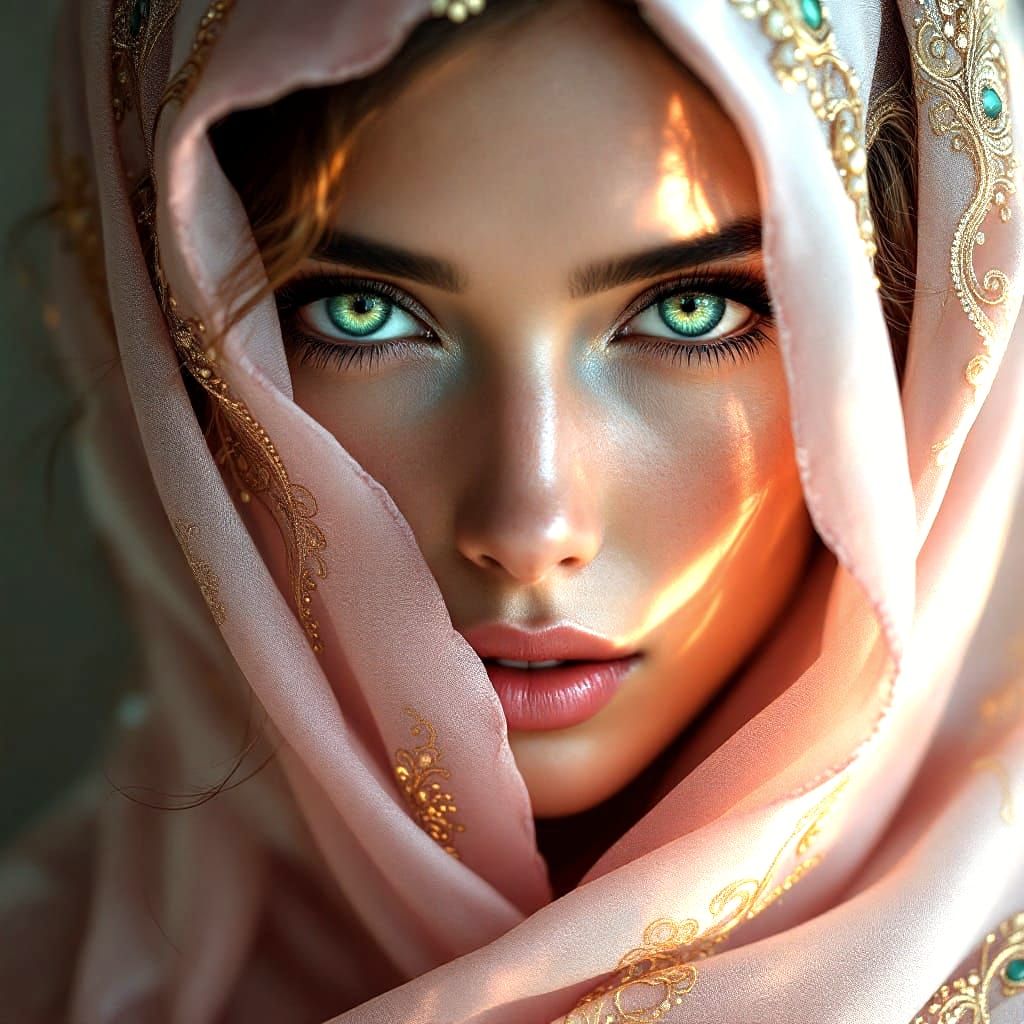 Ethereal Woman in Green Eyes, Soft Hues and Mystery