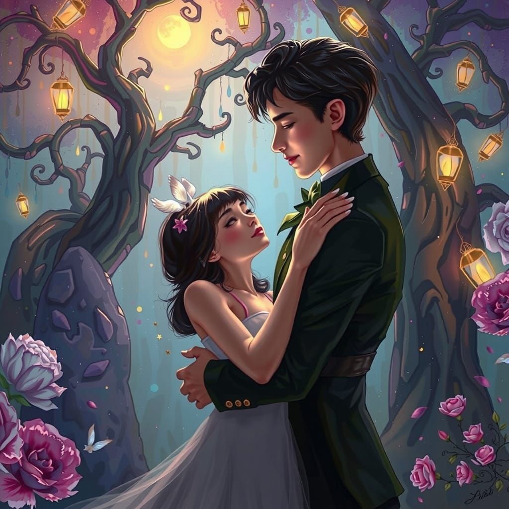 Couple Embrace in Surreal Dreamscape