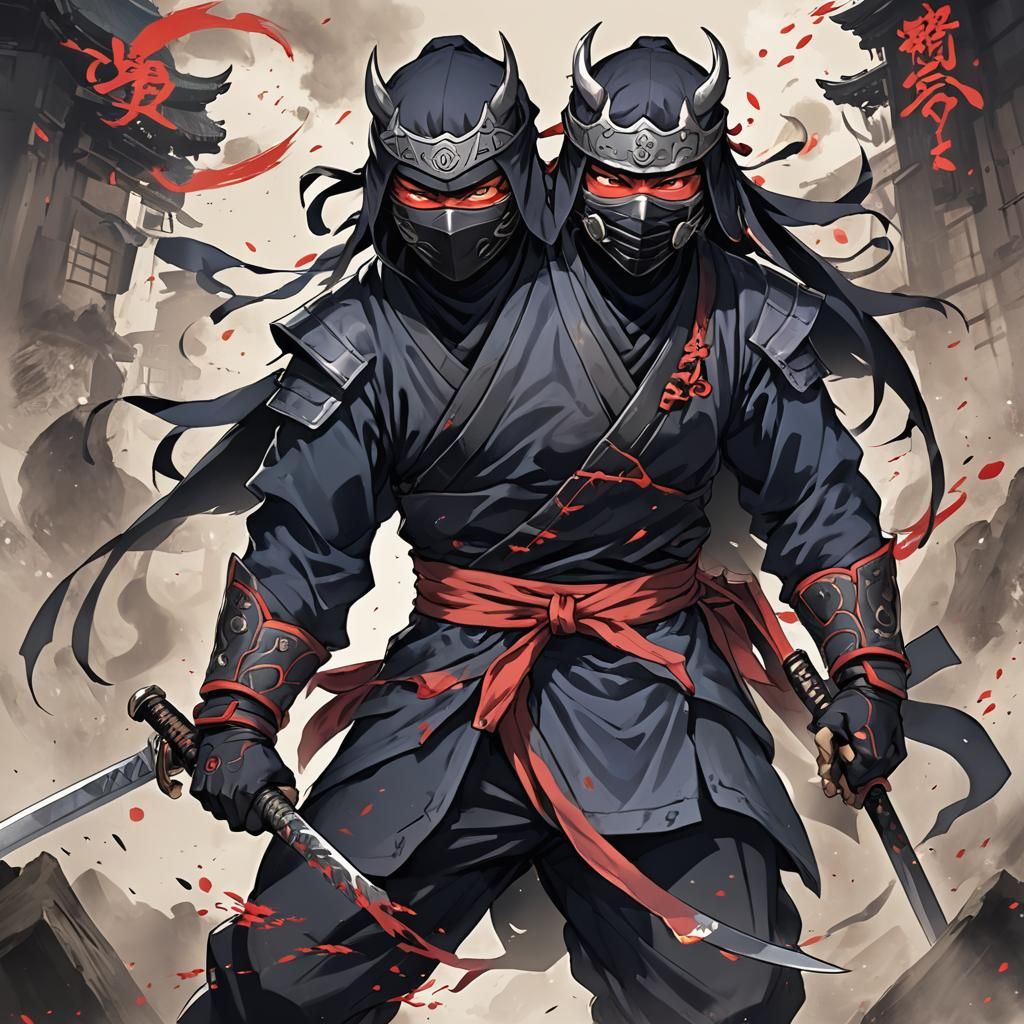 Ninja with Oni Mask in Anime Style