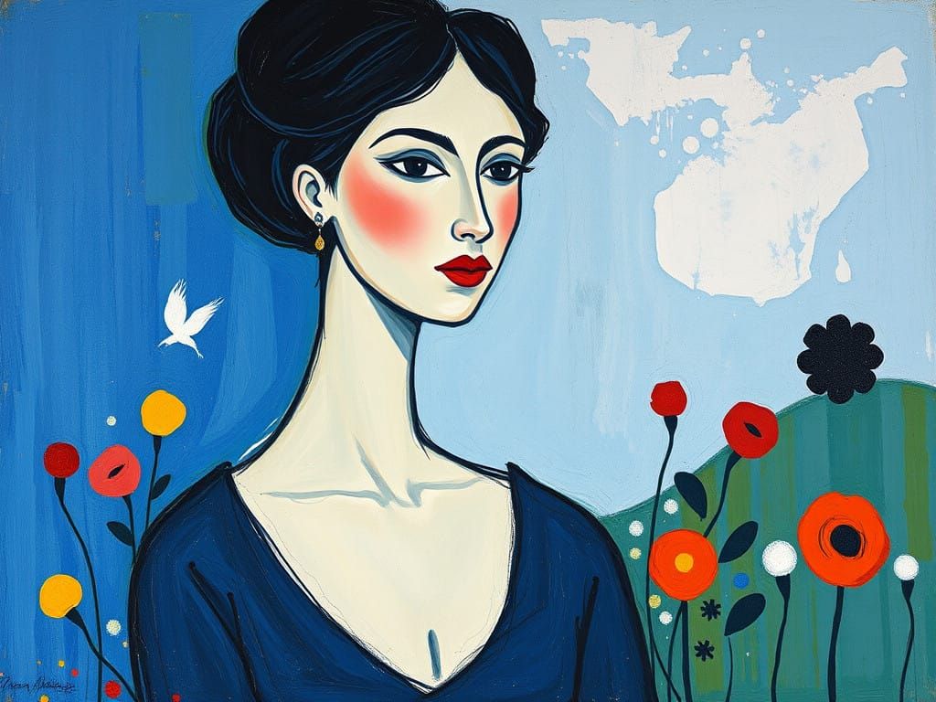 Vibrant Woman in Blue Garden Scene - Abstract Cubist Collage