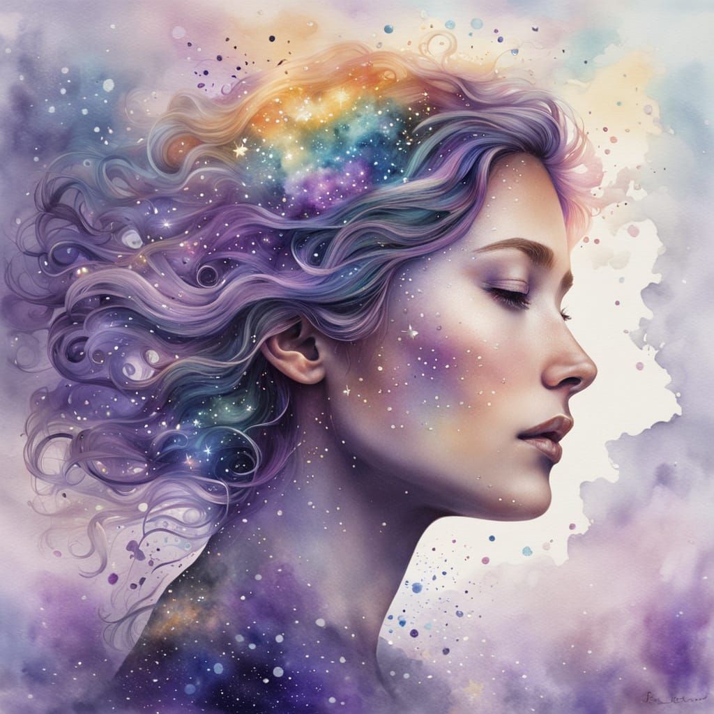 Ethereal Woman's Face Blends into Cosmic Watercolor