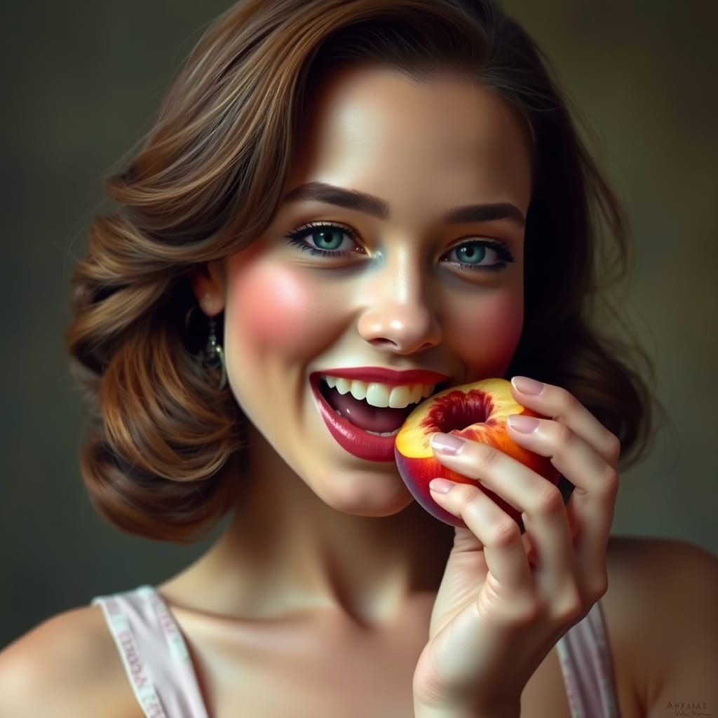 Elegant Woman Eating Peach in Photorealistic Style