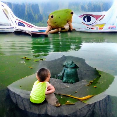 Child Seeks Wisdom from Giant Frog by Ancient Lake