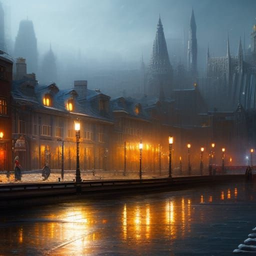 Hyperrealistic Train in Snowy City at Night