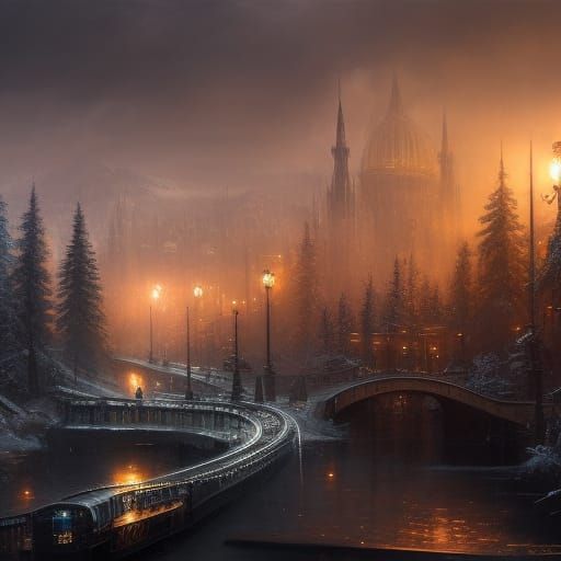 Snowy City Train in Hyperrealistic Style