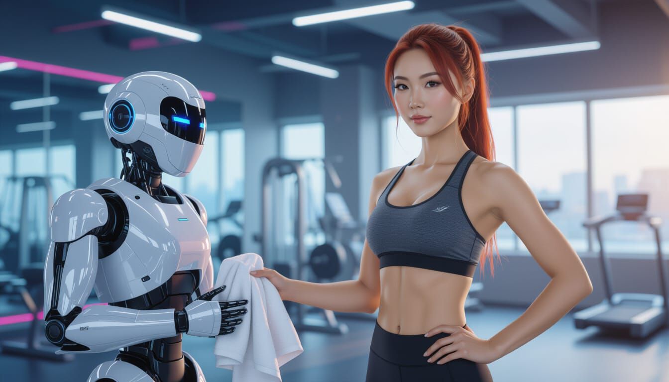Fit Asian Woman in Futuristic Gym with Robot