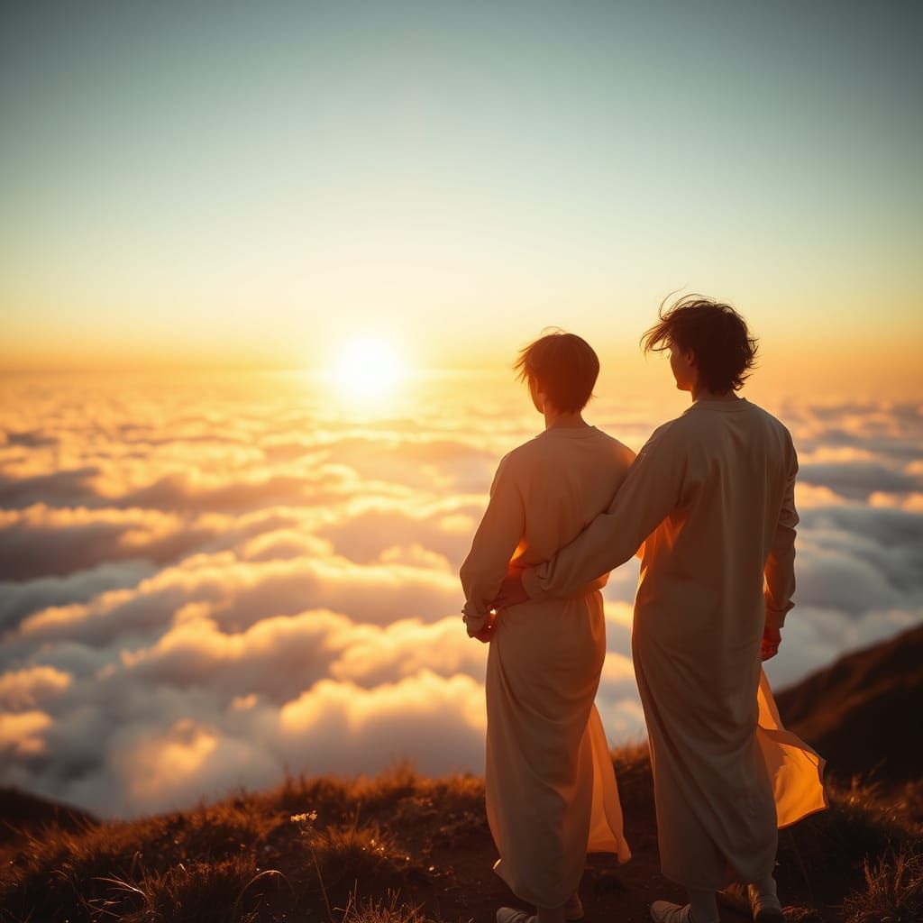 Androgynous Figures Hold Hands at Sunrise