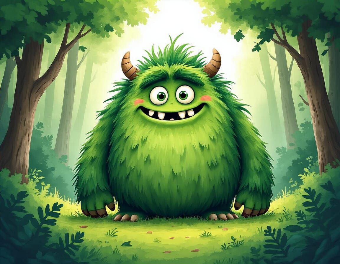 Happy Green Monster Peeking from Forest Foliage