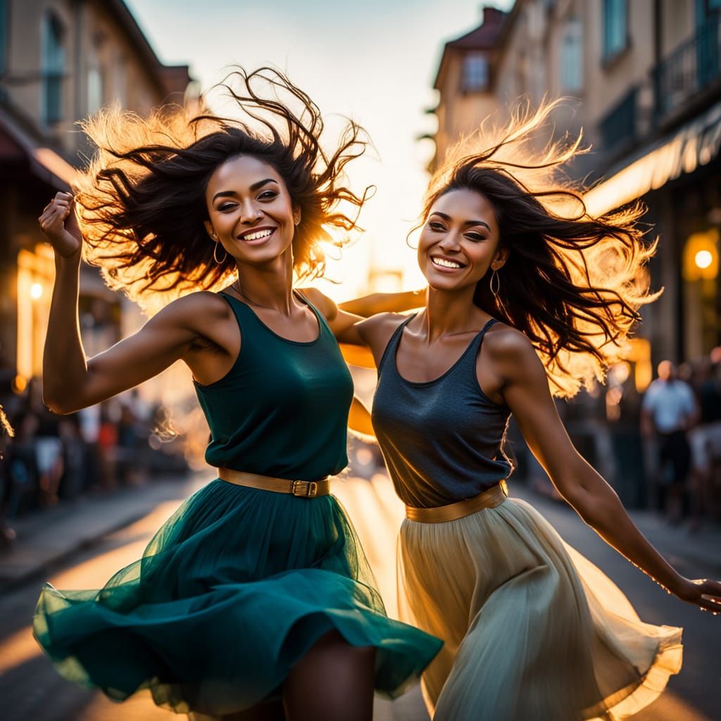 Vibrant Girls Dancing in Colorful Street Setting