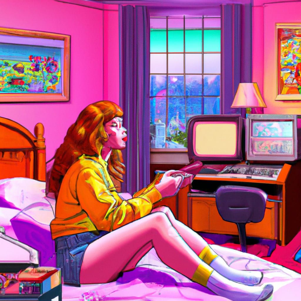 Retro Gaming Girl in Hyperdetailed Retrowave Style