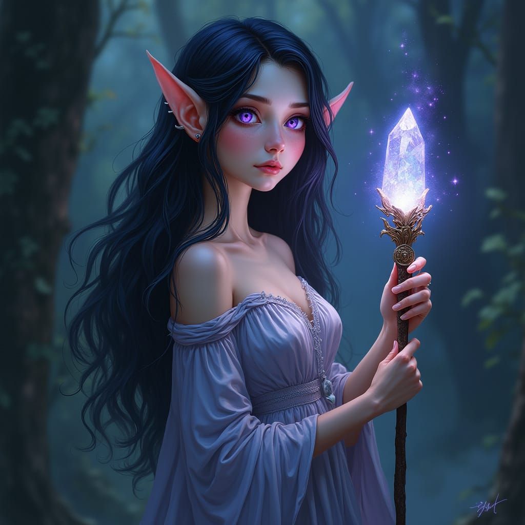 Enchanted Elf Mage with Violet Eyes and Crystal Staff