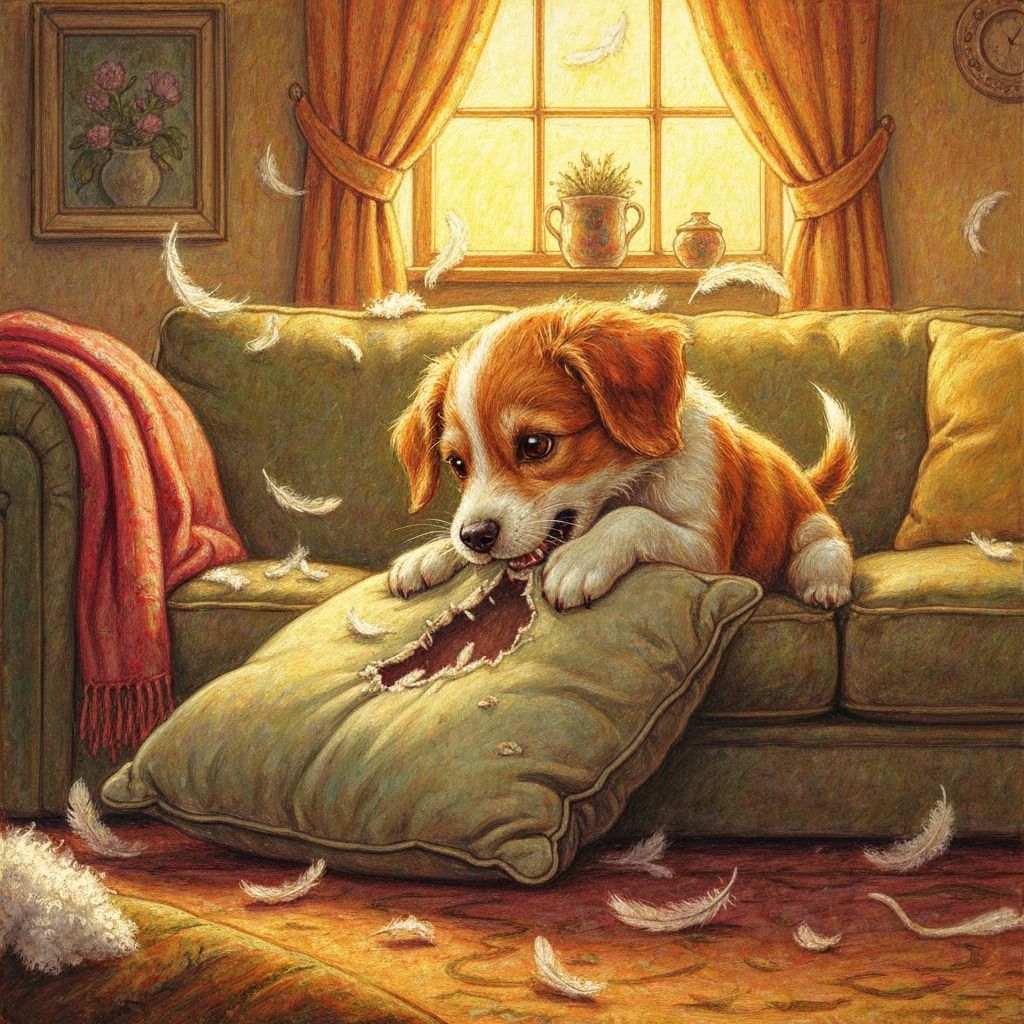 Playful Puppy Destroys Sofa Pillow with Whimsical Textures