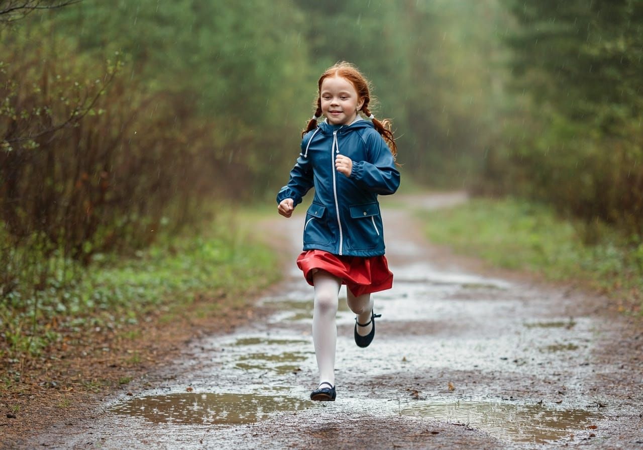 Young Girl Runs in the Rainy Forest