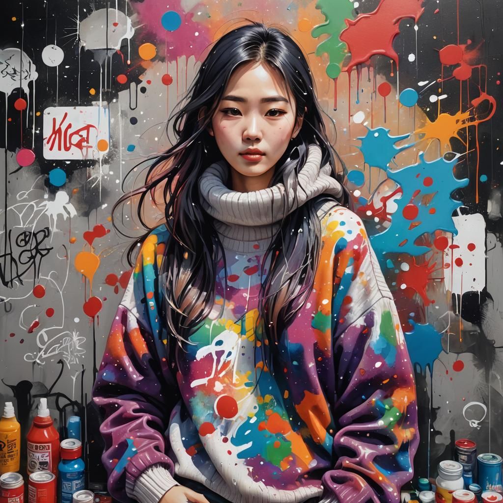 Korean Girl Making Holiday Crafts in Graffiti Art