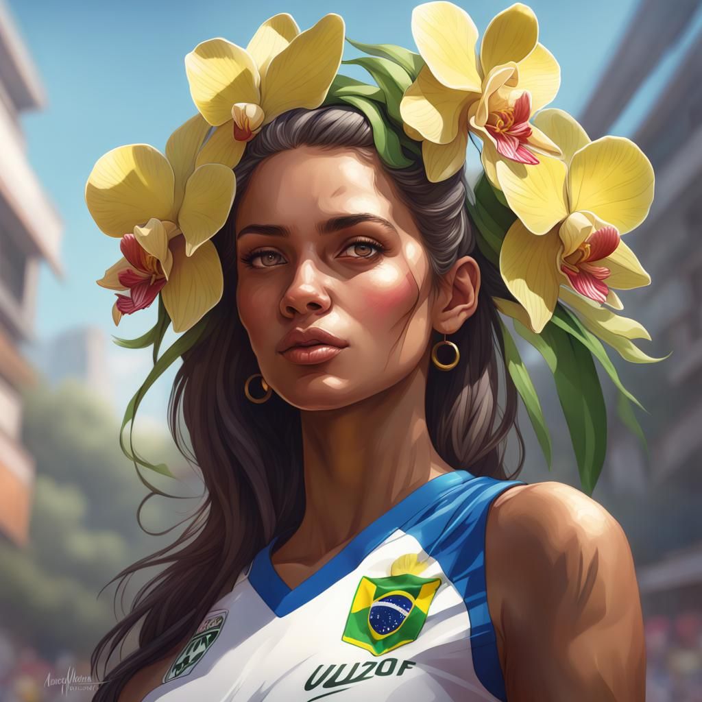 Brazilian Woman Portrait with Soccer Jersey and Orchids