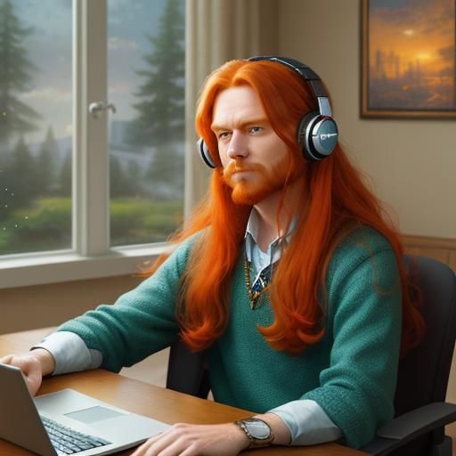 The image depicts a person sitting with long ginger hair at ...