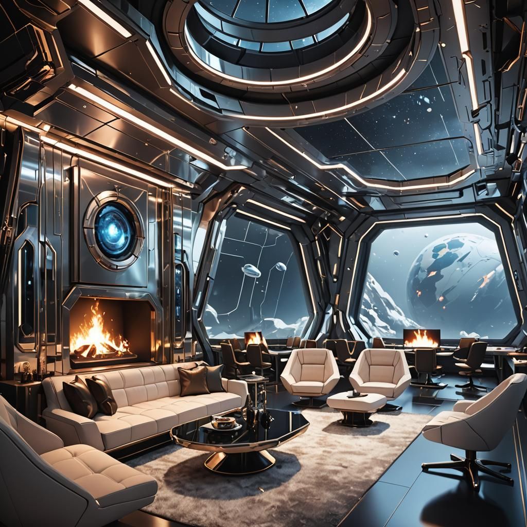 Futuristic Spaceship Lounge with Fireplaces in Anime Style