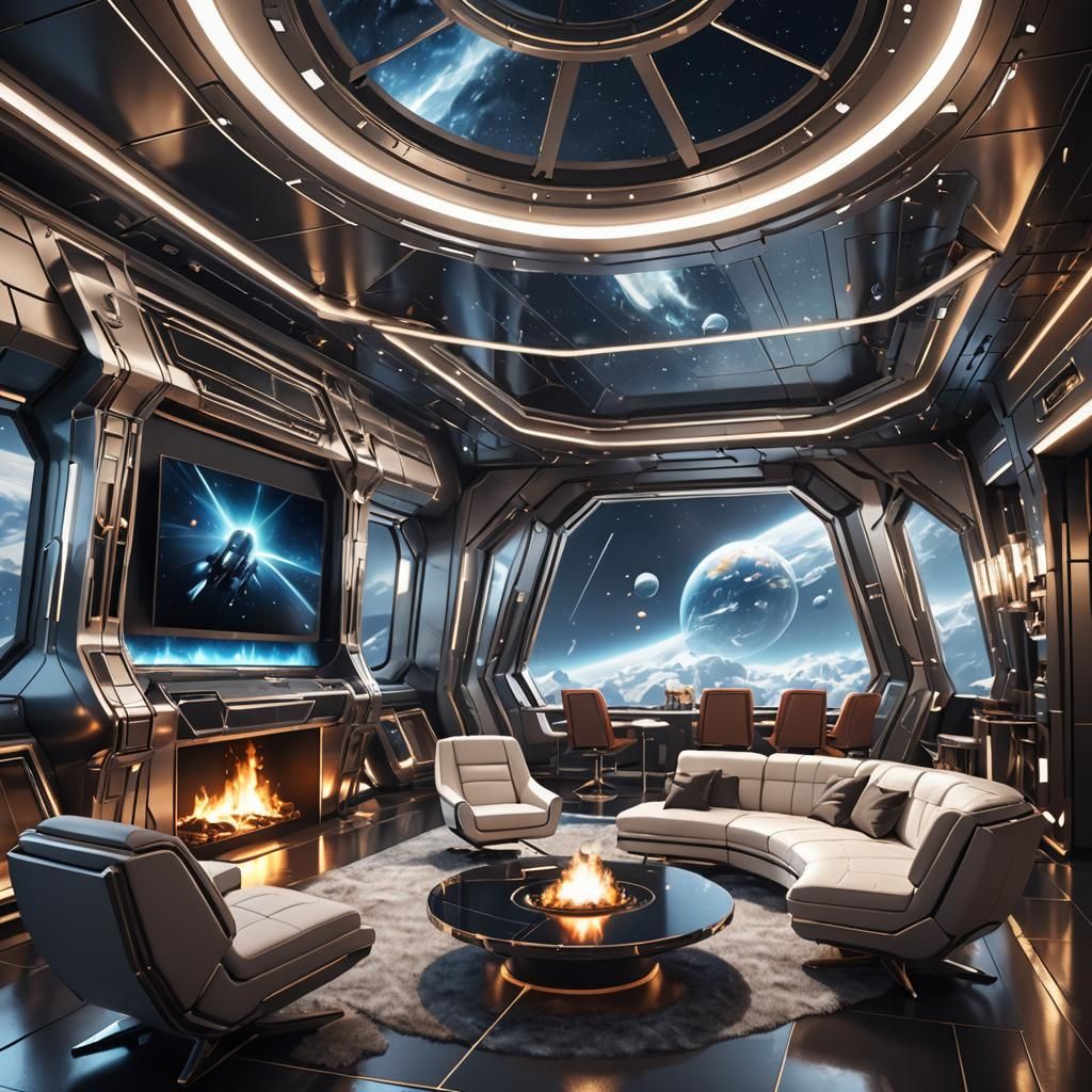 Futuristic Spaceship Lounge with In-Wall Fireplaces