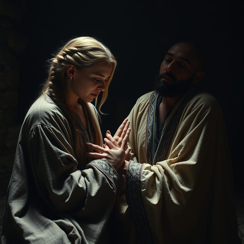 Medieval Woman Heals Wounded Knight in Dimly Lit Chapel