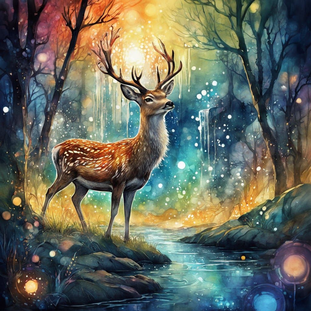 Fallow Deer Family in Magical Forest, Watercolor Art