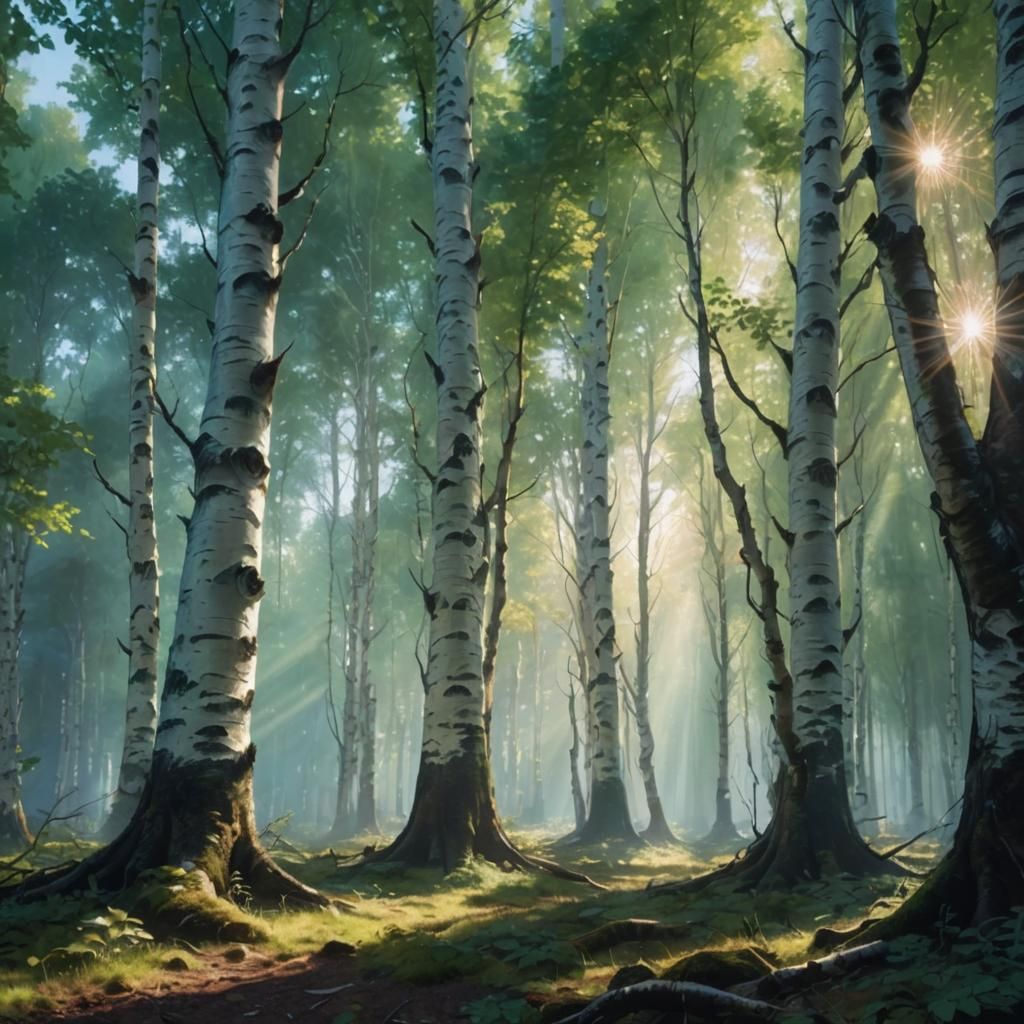 Sun-Drenched Birch Forest in Golden Light