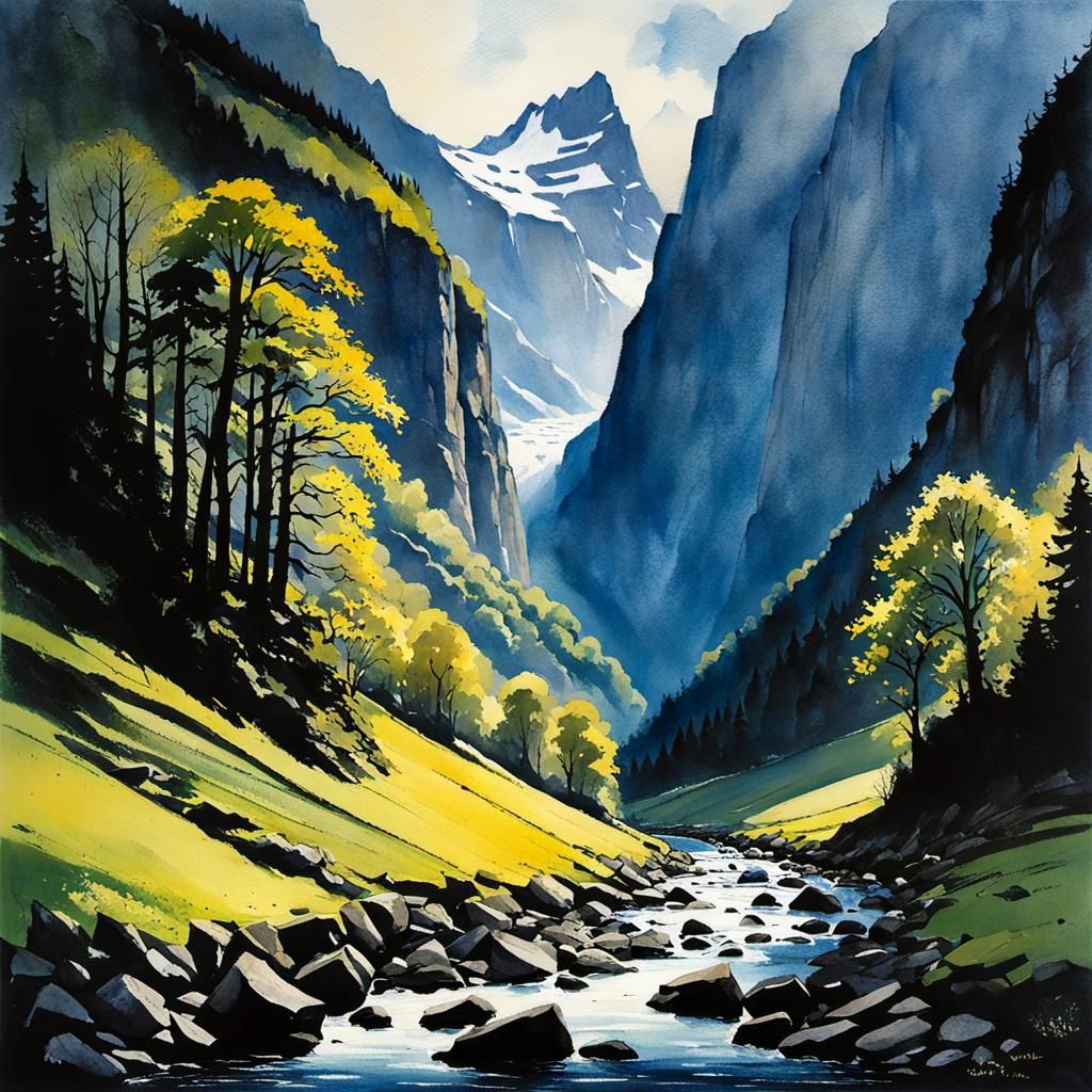Bernese Oberland Gorge: Intricate Watercolor Painting