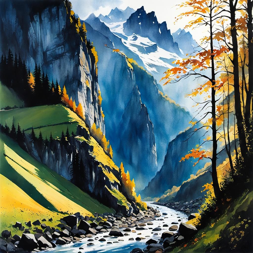 Bernese Oberland Gorge: Detailed Watercolor Painting