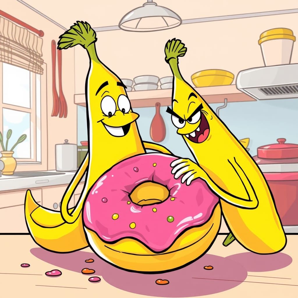 Two bananas and a donut in the kitchen