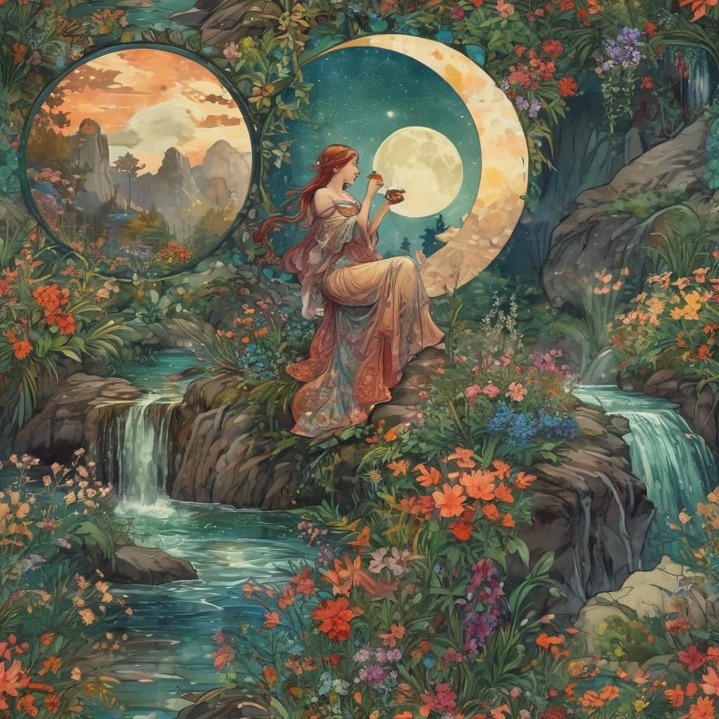 Lush Summerscape Mosaic with Moon, in Watercolor Style