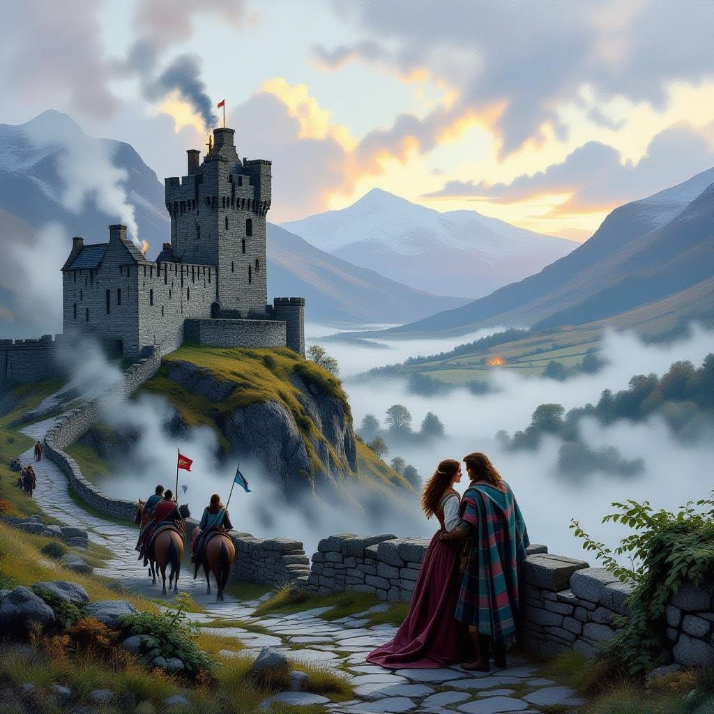 18th Century Scottish Highland Castle Scene Oil Painting