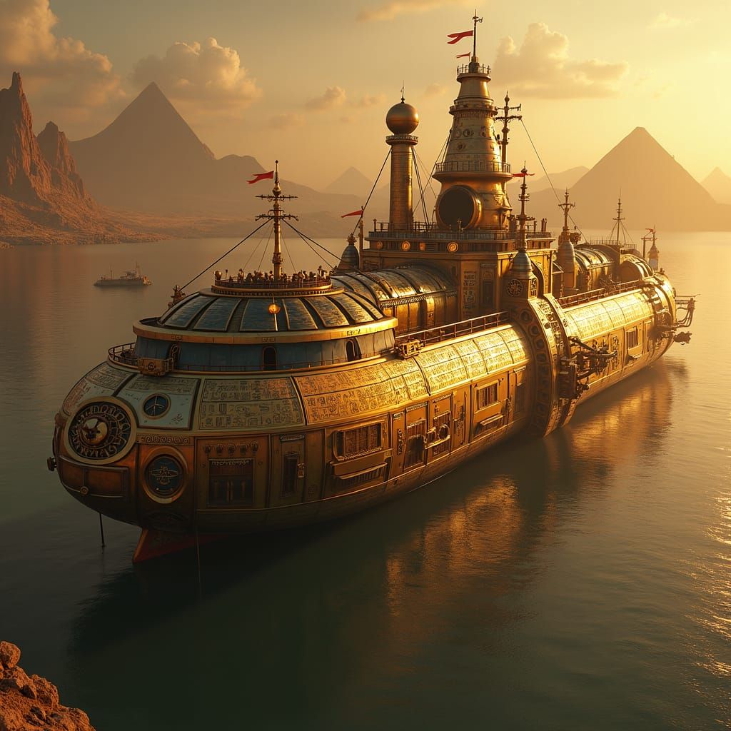 Steampunk Airship Docks at Futuristic Egyptian Port