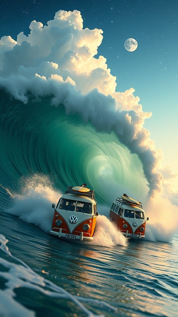 Dreamlike VW Bus Surfing the Tsunami
